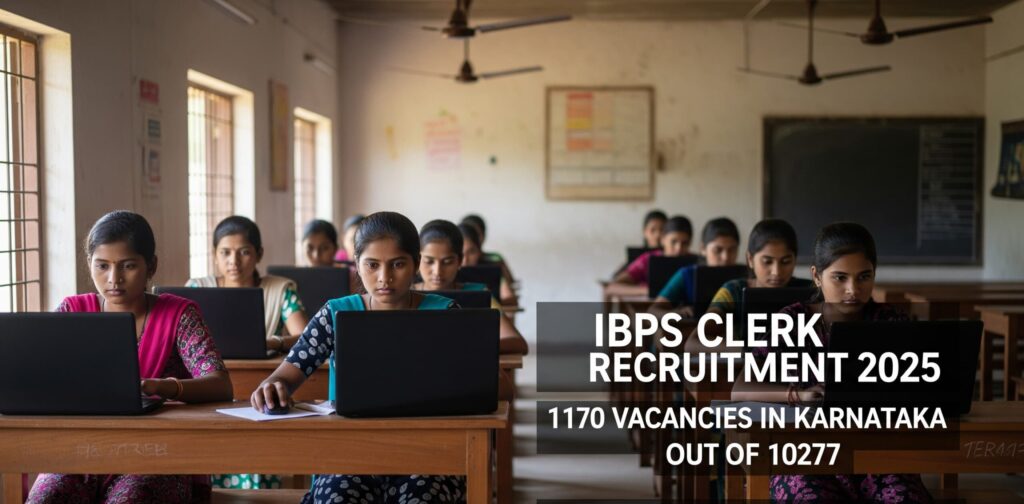 A group of girls in dresses are taking an online exam on laptops in a rural classroom with a blurred background, with a large, centered text overlay about the IBPS Clerk Recruitment 2025