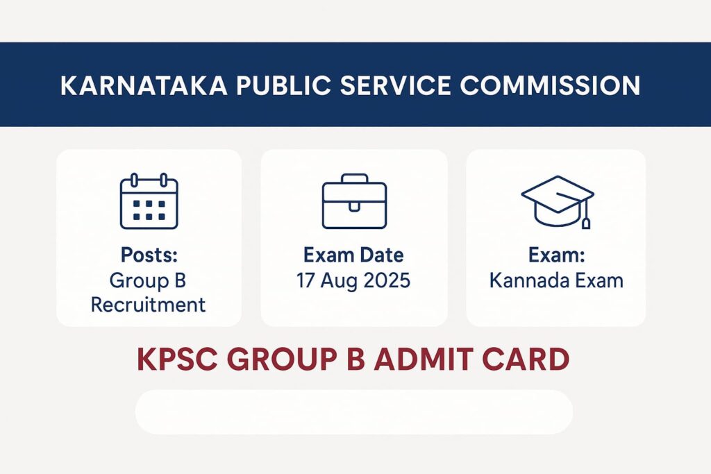 KPSC Group B Admit Card 2025 banner showing posts, exam date, and Kannada exam details in a clean three-section layout