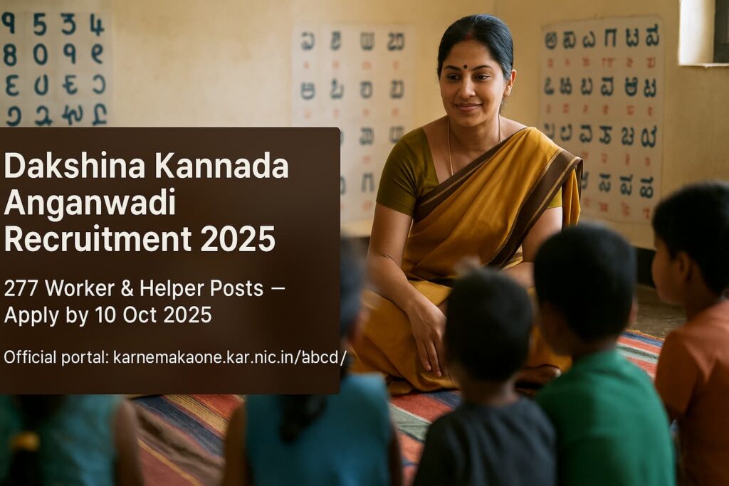 Apply online for 277 Anganwadi Worker & Helper posts in Dakshina Kannada (WCD). Eligibility, locality rules, documents, selection. Last date: 10 Oct 2025.