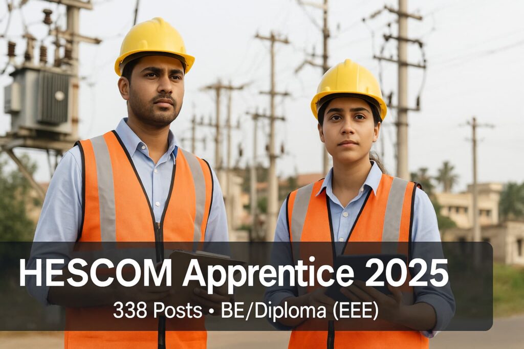 Apply for HESCOM Apprentice 2025 in Karnataka: 338 seats for BE/B.Tech & Diploma (EEE). Merit-based shortlist via NATS; DV at Hubballi. Last date 18 Sep 2025.
