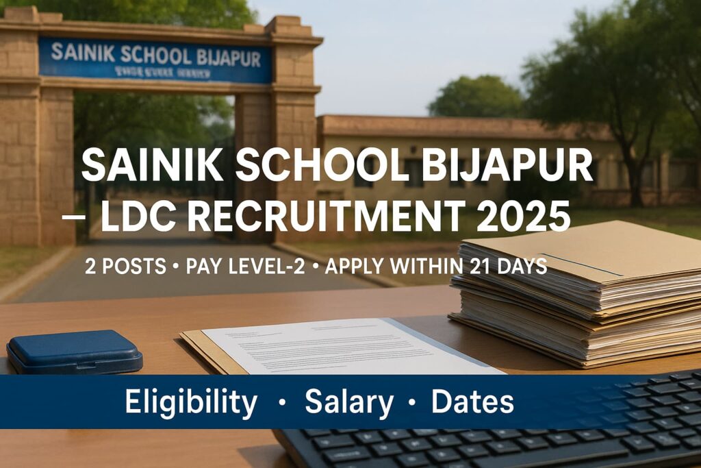 Sainik School Bijapur LDC Recruitment 2025 — realistic office desk scene with form, keyboard, calendar, Bijapur pin, and bold “Apply Soon” banner.