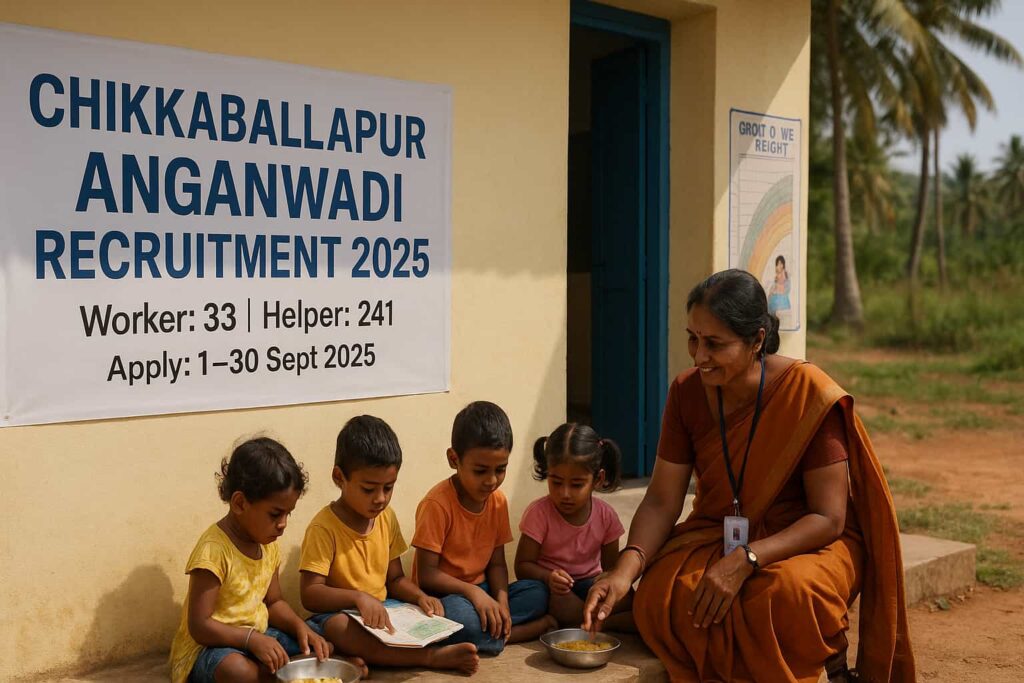 Chikkaballapur Anganwadi Recruitment 2025 banner with details—Worker 33, Helper 241—outside an Anganwadi centre; worker with children.
