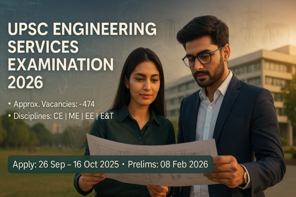 UPSC Engineering Services Examination 2026 banner showing engineers at work with text: ~474 vacancies, apply 26 Sep–16 Oct 2025, Prelims 08 Feb 2026, disciplines—Civil, Mechanical, Electrical, and Electronics & Telecommunication