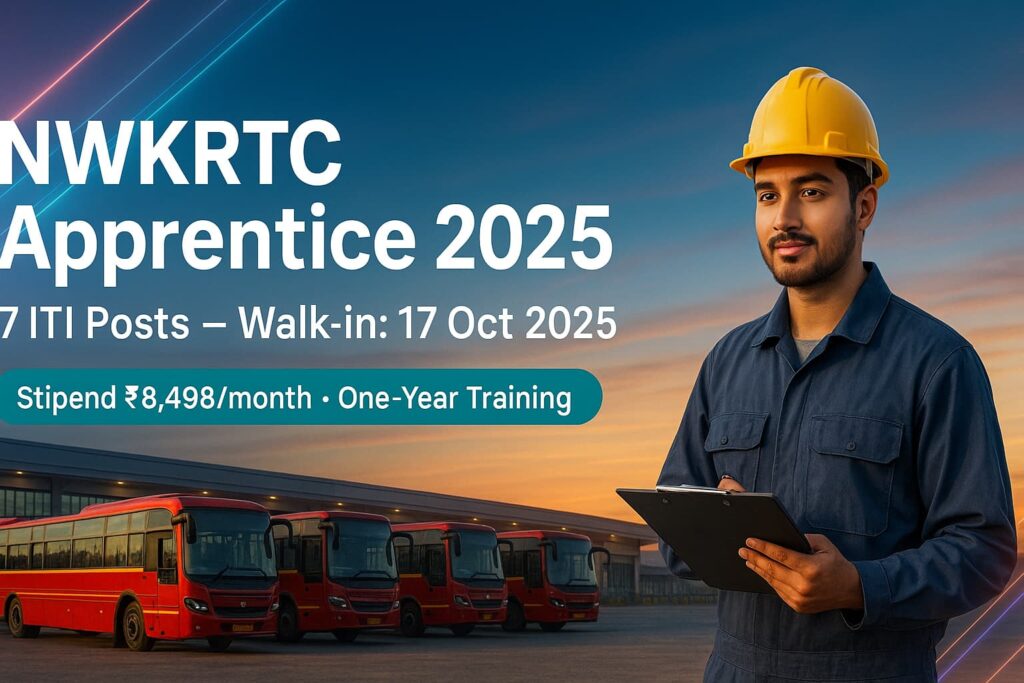 NWKRTC Apprentice 2025 — 7 ITI Posts; Walk-in on 17 Oct 2025; stipend ₹8,498/month (landscape poster with buses and an apprentice in hard hat).
