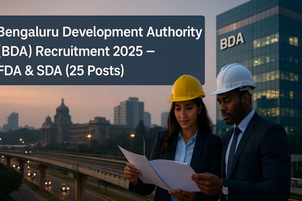 Bengaluru Development Authority (BDA) Recruitment 2025 — FDA & SDA (25 Posts) banner in landscape with Bengaluru skyline and “Apply Online” callout.