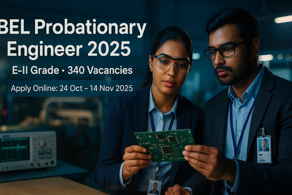 BEL Probationary Engineer 2025 (E-II) — two engineers examining a PCB; 340 vacancies; apply online 24 Oct–14 Nov 2025