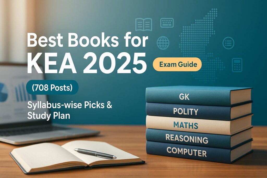 Best Books for KEA 2025 (708 Posts) — syllabus-wise picks and study plan banner showing a study desk with books, notebook, and laptop in landscape.