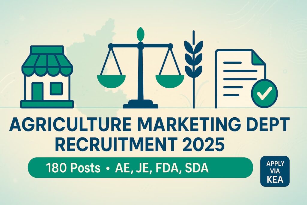 Karnataka Agriculture Marketing Dept Recruitment 2025 — 180 posts (AE, JE, FDA, SDA). Apply via KEA; icons of market, scales, grain, and checklist.