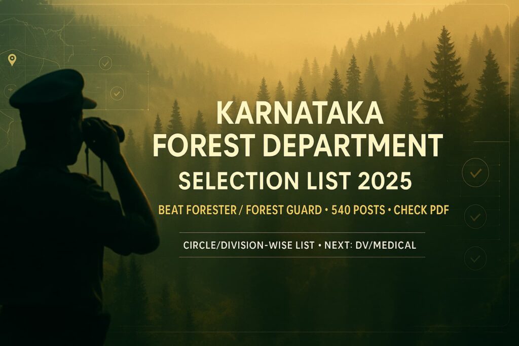 Karnataka Forest Department Selection List 2025 — Beat Forester/Forest Guard (540 posts) banner in a realistic forest-themed landscape.