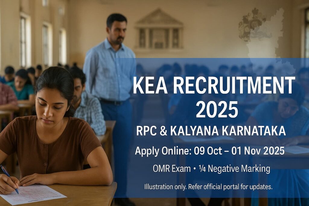 KEA Recruitment 2025 (RPC & Kalyana Karnataka) – exam hall with candidates filling OMR sheets; Apply Online: 09 Oct–01 Nov 2025; ¼ negative marking