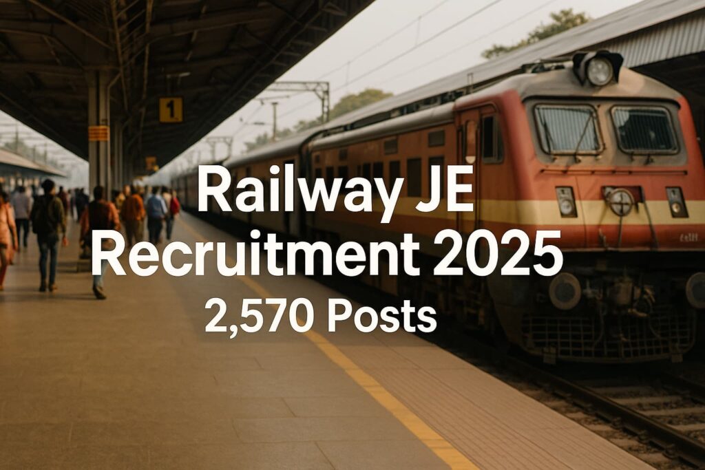 Realistic Indian railway platform with centered text: "Railway JE Recruitment 2025 — 2,570 Posts"