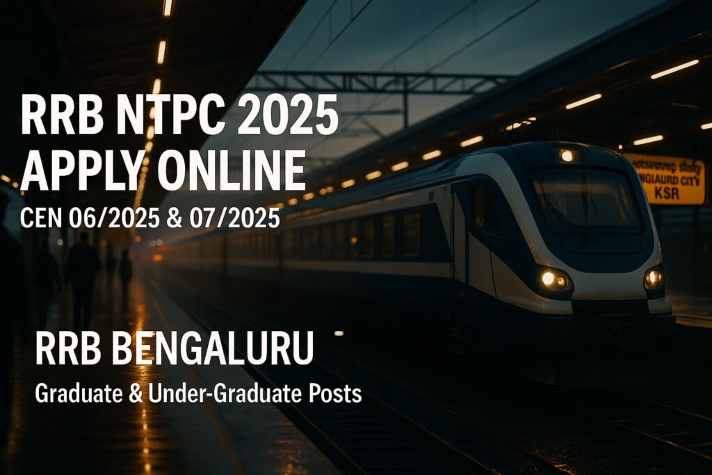 RRB NTPC 2025 recruitment — Apply Online (CEN 06/2025 & 07/2025), banner showing a modern train at Bengaluru City KSR station
