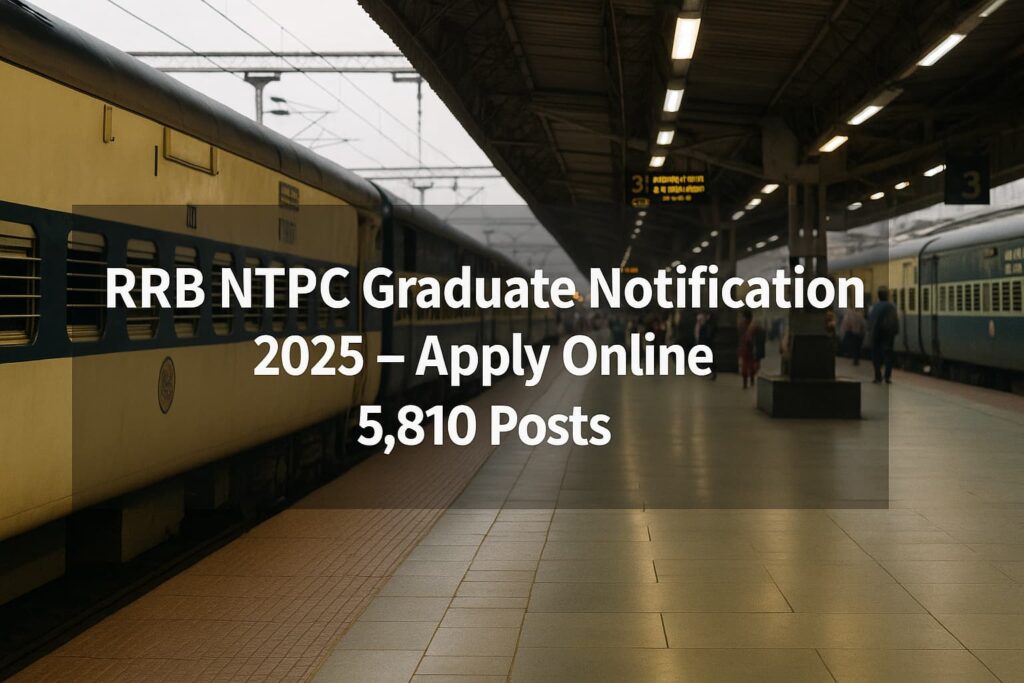 RRB NTPC Graduate Notification 2025 — Apply Online, 5,810 Posts — realistic Indian railway station interior (16:9 banner)