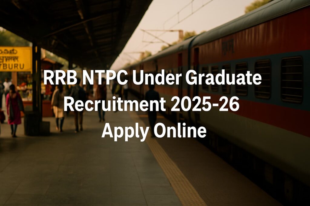 RRB NTPC Under Graduate Recruitment 2025–26 – Apply Online, text centered on a realistic Indian railway platform