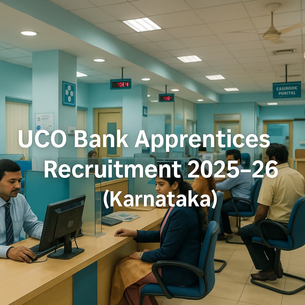 Realistic inside view of a UCO Bank branch with Indian employees working; centered overlay text reads “UCO Bank Apprentices Recruitment 2025–26 (Karnataka)”.