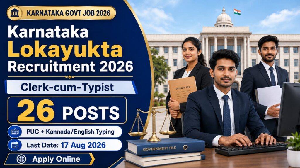 Karnataka Lokayukta Recruitment 2026 for 26 Clerk-cum-Typist posts with PUC and Kannada-English typing qualification