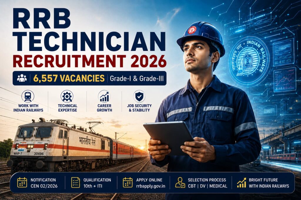 RRB Technician Recruitment 2026 poster showing an Indian Railways train and technician for 6,557 Grade-I Signal and Grade-III vacancies